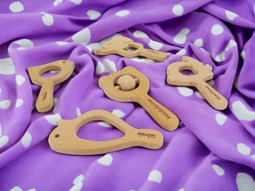 Personalized Wooden Baby Teether Rattle Set as a First Birthday Gift, ustomizable Newborn Baby Rattle Teether Baby Shower Gift, Welcome Baby Gift, 5 Pieces Montessori Wooden Babies Toys 0-6 Months - Image 6
