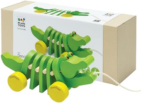 PlanToys® Dancing Alligator Pull Toy for Toddlers | Eco-Friendly Wood Toy with Click-Clack Sound | Walking Toy for Babies by PlanToys