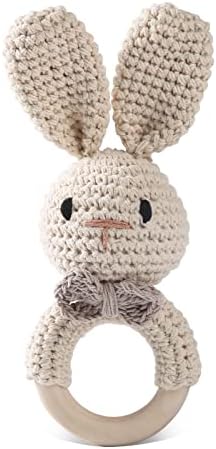 Handmade Crochet Easter Bunny Wooden Baby Rattle Toy for 0-6 Months - Organic Stuffed Animal for Newborn by bopoobo