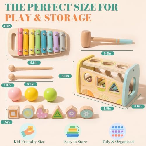 WOODENFUN Hammering Pounding Toys Wooden Educational Xylophone Shape Sorter - Image 2