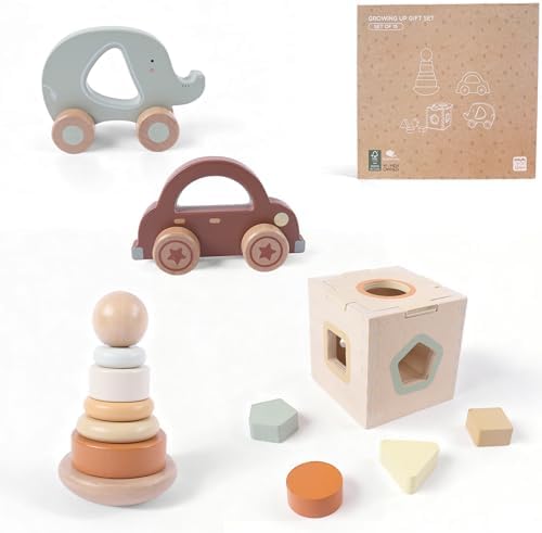 FReniland Wooden Baby Toy Set for 12M+, Montessori Grasping & Stacking Toys, Elephant & Car Sensory Toys, Natural Wood Fine Motor Skill Development Gift for Boys & Girls by Freniland