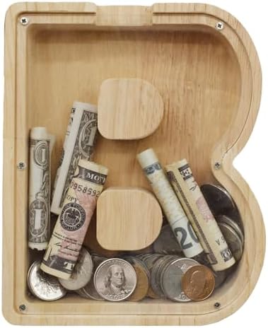 Wooden Letter Piggy Bank for Kids Boys Girls, A-Z Letters Wood Coin Bank Money Box, Piggy Bank for Toddler Family Christmas Birthday Gift(B) by FINDAMAZE