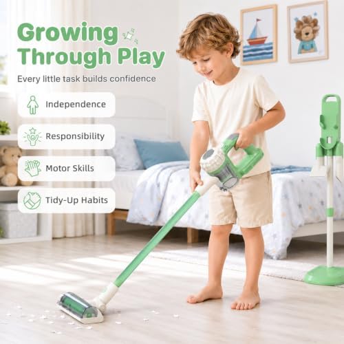 3-in-1 Kids Vacuum that Really Works - Toddler Vacuum Cleaner with Real Suction, Pretend Play Housekeeping & Cleaning Toy Set for Kids Ages 3+ (Green) - Image 5