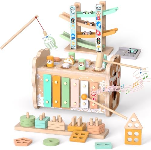 Montessori Wooden Toys for Toddler, Pounding Hammer, Car Ramp, Shape Sorter by Wuzhineisn