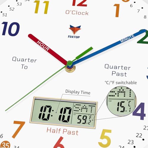 Foxtop Digital and Analog Learning Clock for Kids - Telling Time Teaching Clock 12 Inch Silent Non-Ticking Battery Operated Kids Wall Clock for Kids Room Playroom Nursery Classroom School (White) - Image 3