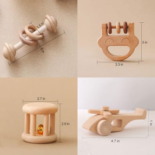 Wooden Baby Rattle Set, Newborn Wooden Rattle Toy, Natural Wooden Montessori Baby Grip Toy, Baby Gift Toy, Wood Rattle Set-1 - Image 4