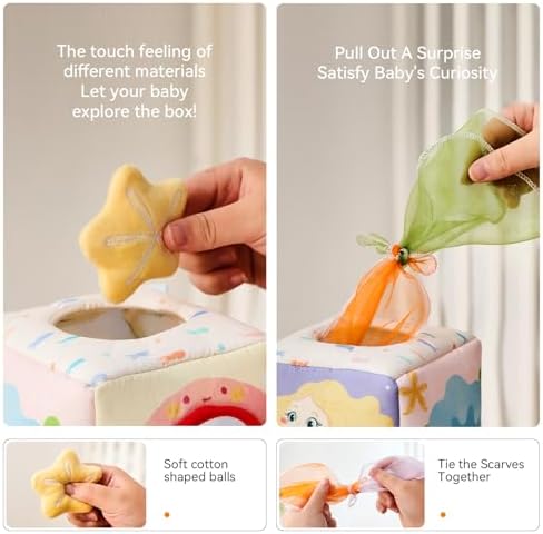 Youuys Baby Tissue Box Toy for Babies 6-12 Months - Montessori Sensory Busy Cube Toys with 3 Textured Balls & 12 Silky Scarves - Ideal Gift for Toddler Girls Ages 6 12 18 Months (Mermaid Theme) - Image 2
