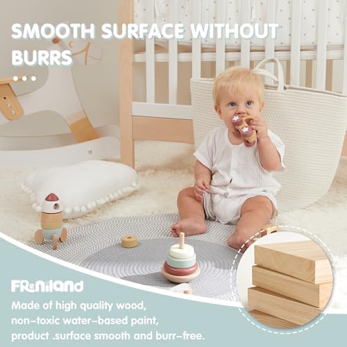 FReniland Wooden Montessori Toys, 4-Piece Wooden Baby Toy, Rainbow Stacking Ring,Car Push and Pull Toy, Rocket Stacking Ring Babys Toys,Newborn Baby Gift Sets for Boys and Girls - Image 3