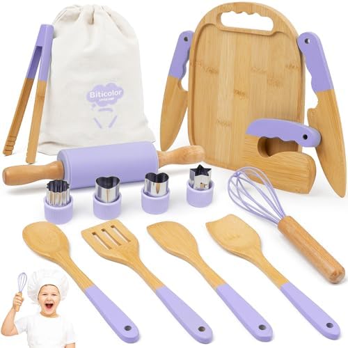 Wooden Kids Cooking Set Montessori Kit - Real Toddler Kitchen Tools & Baking Utensils - 30PCS Cooking Kit for Kids with Storage Bag, Great Gift for Pretend Play & Montessori Learning (Purple) by Unknown