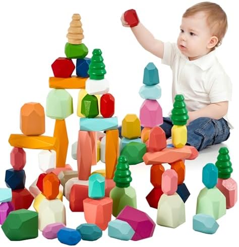MEGRANATE 58PCS Montessori Wooden Stacking Rocks Toys Colorful Stacking Stones Building Blocks Games Sensory Toy for Kids Educational Learning Toys for 3+ Years Old Kids by Unknown