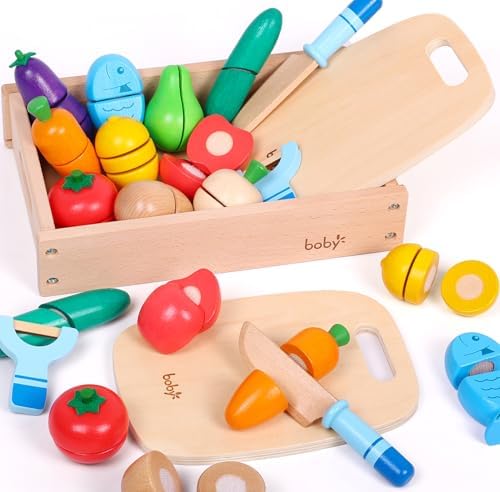 Dailyfunn Wooden Pretend Play Foods Set for Kids Kitchen Montessori Cutting Playset Toys with Storage Box by DailyfunnToys