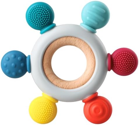 Baby Teething Toys, Silicone Chewable Teethers with Wooden Ring for Soothing Babies Gums, Rudder Chewers Shower Gift for lnfants & Toddlers, 3+ Months (6 Directions, Ocean) by Kalovin