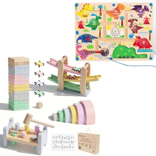 Magnetic Color & Number Maze + Wooden Toy Gift Box for Toddlers 1-5, Montessori Learning Set with Stacking Blocks, Track Racer, Silicone Mat, Rainbow Stacker & Pounding Toy by WOODENFUN