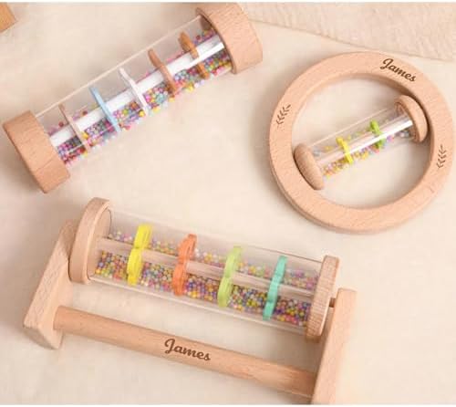 Custom Engraved Wooden Baby Rattle, Personalized Baby Rain Stick Rattle, Engraved RattleRainbow Hourglass Rattle, Gift for Kids - Image 3