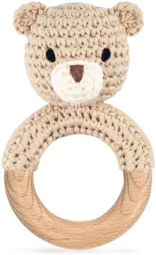 Wooden Baby Rattle, Handmade Crochet Stuffed Animal Organic Rattle Toys, Beige Bear Rattles for Babies 0-6 Months with Wood Teething Rings, Baby Announcements Ideas by Unknown