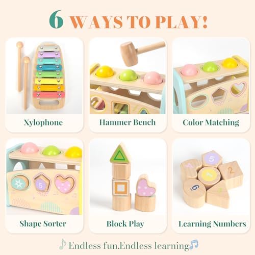 WOODENFUN Hammering Pounding Toys Wooden Educational Xylophone Shape Sorter - Image 3
