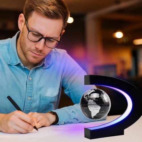 Magnetic Levitation Floating Rotating World Globe with LED Light - C Shape Anti Gravity Levitating Globe for Desk Office Decor, STEM Educational Map, Unique Tech Gift for Men Kids Boss, 3.5 Inches - Image 2