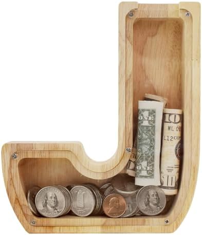 Wooden Letter Piggy Bank for Kids Boys Girls, A-Z Letters Wood Coin Bank Money Box, Piggy Bank for Toddler Family Christmas Birthday Gift(J) by FINDAMAZE