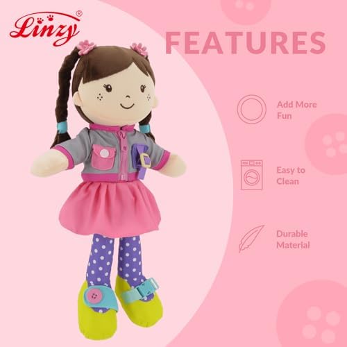Linzy 15" Learn to Dress Stuffed Doll with Grey Jacket, Educational Montessori Doll for Toddlers, Soft Buckle Toy Gifts for 2 Year Old Girls - Image 2