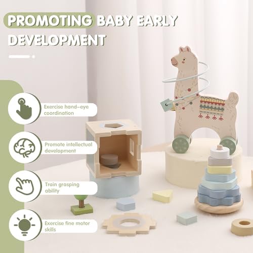 FReniland Montessori Toys for 1 Year Old，3-in-1 Wooden Baby Toys，Wooden Stacking Toy，Toddler Shape Sorting Cube, Llama Ring Toy,Newborn Baby Gift Sets for Boys and Girls - Image 3