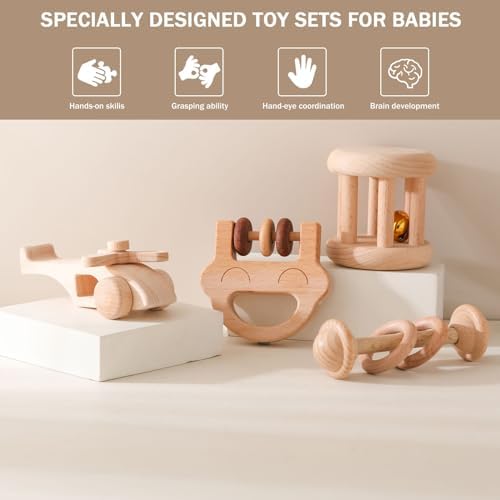 Wooden Baby Rattle Set, Newborn Wooden Rattle Toy, Natural Wooden Montessori Baby Grip Toy, Baby Gift Toy, Wood Rattle Set-1 - Image 2