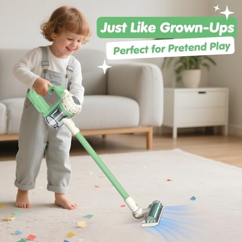 3-in-1 Kids Vacuum that Really Works with Real Suction, Cordless Toddler Toy Vacuum Cleaner, Interactive Pretend Play Cleaning Set for Ages 3+ (Green) - Image 2