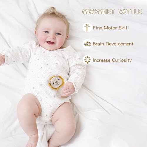 Wooden Baby Rattle Crochet Lion Baby Toys Handmade Newborn Toy Early Development Grips Stuffed Animal Organic Rattle - Image 3
