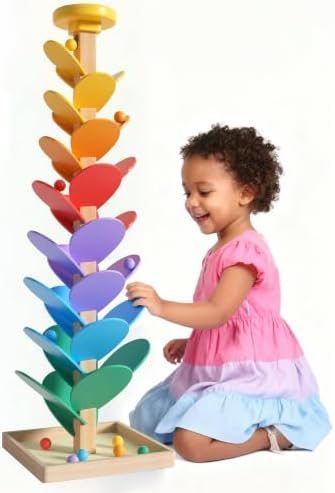 GOTOOFUN Wooden Marble Run Music Tree, Tumble Leaf Montessori Rainbow Singing Tree with Sound, Includes Top Storage Lid and 12 Wooden 2cm Balls, Color Sorting STEM Learning Toy, Gift for Kids by Turnsplaytimetobrain-build