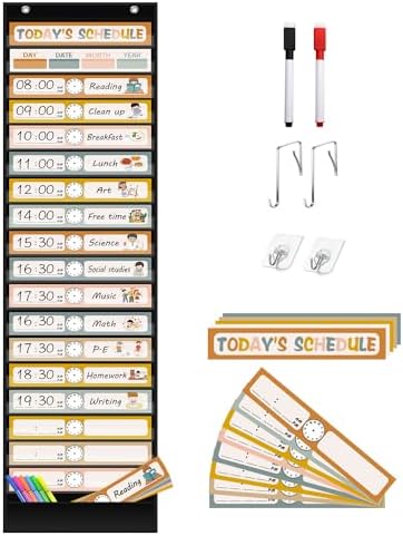 REGELETO Boho 18+1 Pockets Daily Schedule Pocket Chart, 30 pcs Double-Sided Reusable Cards, Scheduling Pocket Chart for Classroom Office Home School Activity(Black) by REGELETO