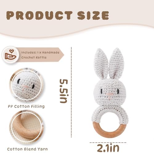 Moyii Natural Wooden Baby Rattle - Organic Crochet Bunny Teether Ring - Montessori Sensory Grasping Toy for Infants 0-12 Months, BPA-Free Handmade Newborn Shower Gift - Image 3