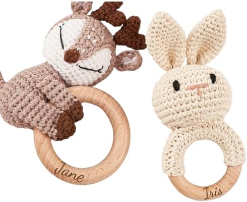 Custom Baby Rattle, Wooden Baby Rattle, Montessori Toy, Crochet Animal Rattle, Baby Rattle, Birthday Gift, Baby Gift, Baby Shower Toy by Handmade