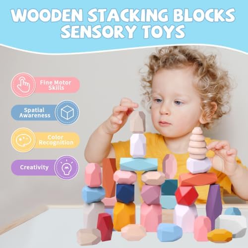48 Pcs Wooden Stacking Rocks Building Blocks Montessori Toys for 3 Year Old - Image 2