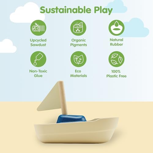PlanToys® Sailboat Wooden Bath Toy, Eco-Friendly Floating Boat for Kids - Image 3