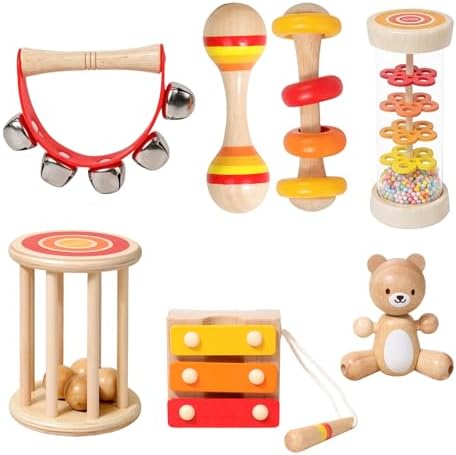 Wooden Baby Rattle Set 7 PCS, Montessori Sensory Musical Toys for Toddlers 0-3, Natural Wood Percussion Shakers & Rattles, Early Learning Gift for Infant Boys Girls by WODIWOODENTOYS