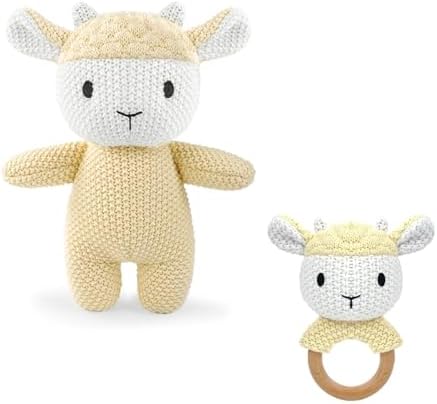 10" Crochet Sheep Stuffed Animal with Rattle, Pure Cotton Soft Crochet Doll Plush Toy for Newborn, Handmade First Birthday Gift by Okegztoa