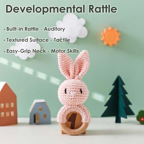 Baby Crochet Rattle Toy - Hand-Knitted Animal Bunny Teether with Soft Bell, Montessori Sensory Toy for Infants 0-36 Months, Natural Wood Teething Ring, Ideal Newborn Keepsake Gift - Image 2
