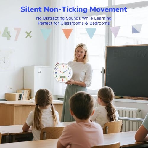12" Silent Teaching Wall Clock with LCD Date Weekday Temperature Display – Tempered Glass, Non-Ticking Battery Operated Learning Clock for Kids Room, Classroom, Home Decor - Image 4