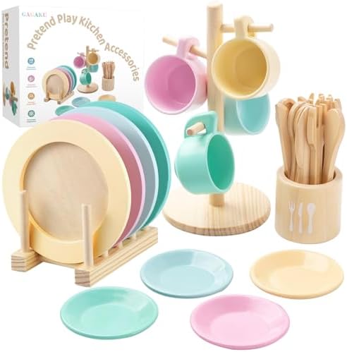 GAGAKU Kids Wooden Play Dishes Set -27Pcs Montessori Play Kitchen Accessories Plates and Bowls Set, Storage Stand & Play Food, Pretend Cooking Toys for Ages 3-5, Educational Gift for Toddler by GAGAKU