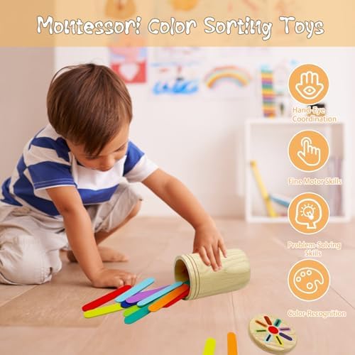 Wooden Montessori Sticks Toys for Kids, 8 Colors Natural Wood Toddler Learning Sorting Toys for 3 Year Old, Sensory Matching Game Birthday Gifts for Boys Girls (Ice Cream Sticks) - Image 2