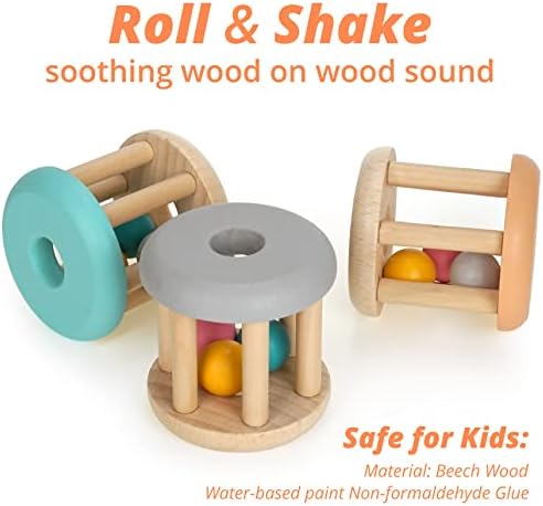 DUCKBOXX XX® Montessori Infant Educational Toys, Natural Wood Rolling Rattle Toy, Early Learning Toy for Developing Fine Motor Skills and Color Recognition, for Ages 0m–2yrs (Burlywood Base - 3pcs) - Image 2