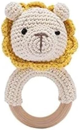 Wooden Baby Rattle Crochet Lion Baby Toys Handmade Newborn Toy Early Development Grips Stuffed Animal Organic Rattle by bopoobo