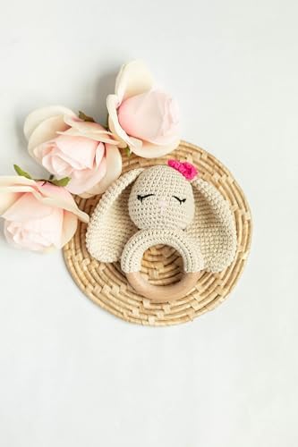 Wooden Baby Rattle - Bunny - Newborn - Crochet - Cream, White, Pink by LABELLATANIS