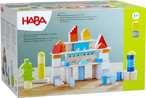 HABA Colored Wooden Building Blocks - Set of 85 Piece Set of Wooden Toys, Stacking Toys for Toddlers 1-3 Ideal Open Ended STEM Play (Made in Germany) by HABA