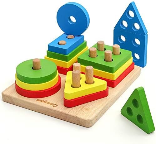 Coogam Wooden Sorting Stacking Montessori Toys, Shape Color Recognition Blocks Matching Puzzle, Fine Motor Skill Educational Preschool Learning Board Game Gift for Kids - Image 4