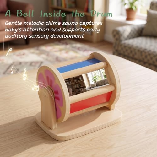 WOODENFUN Montessori Spinning Drum Baby Toys Wooden Tummy Time Mirror Kit - Image 4