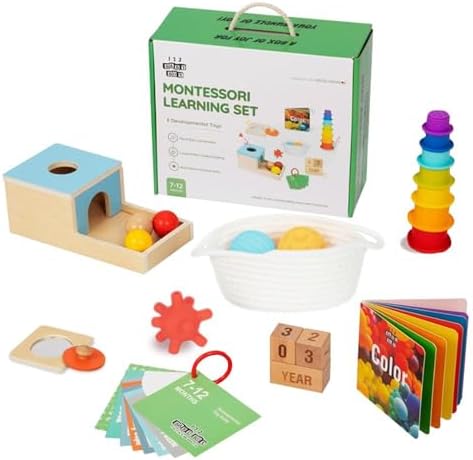 Montessori Toys for Babies 7-12 Months - 6-in-1 Baby Learning Set w/Object Permanence Box, Color Book, Milestone Blocks & More - Educational Toys for Fine Motor & Cognitive Development by 123BabyBox