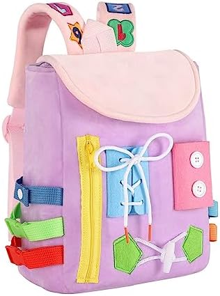 Busy Board - Toddler Backpack with Buckles and Learning Activity Toys - Develop Fine Motor Skills and Basic Life Skills - Learn to Tie Shoes - Children's Travel Toy (Purple) by WHITE+DOLPHIN+TOYS