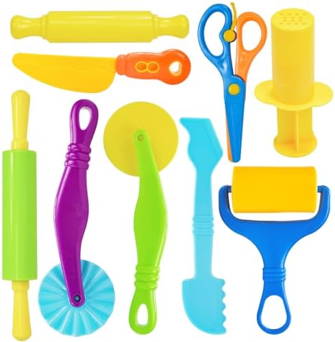 LCY WEDSHI Dough Tool Set, 9 Pcs Dough Tools Sets for Kids Ages 4-8, Dough Accessories Includes Cutters Roller, Rolling Pins, Safety Scissors, Plastic Knife, Plastic Rollers by LCYWEDSHI