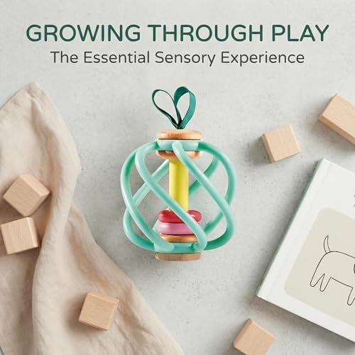 Hape Apple Grab Toy - Silicone & Wood Baby Rattle & Teether – Sensory Development Toy with Gentle Sound, Soft Chewable Rings, Easy Attachment for Crib & Stroller – for Babies 0-18 Months - Image 2