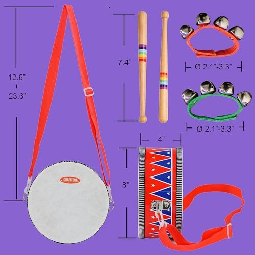 CRAFTEEM Kids Set for Toddlers - Baby Musical Toy w/Wrist Bells, Drum Sticks & Fun Drum Instrument for Boys & Girls - Educational Christmas Birthday Gift. - Image 2